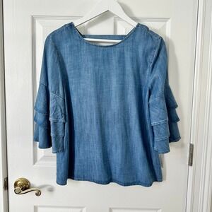 Francesca's Collections Chambray Blouse Ruffle Bell Sleeves S